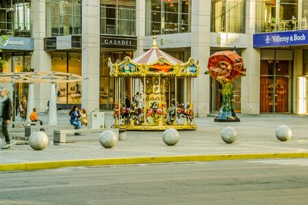 A big market place and a zone playground for children with swings in the center of Dnipro city, Ukraine. The image is taken on 13.10.20のeditorial素材