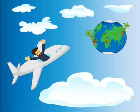 A traveller flying in a plane to the Earth planet vect5or illustration. Global travelling conceptのイラスト素材