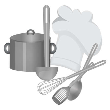 Cooking tools, chef hat and a saucepan isolated monochrome vector illustrationのイラスト素材