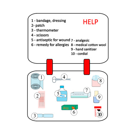 First aid kit box with medical equipment and medications for emergency, objects top viewのイラスト素材