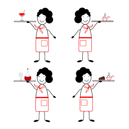 Set of 4 figures waiters. Figure waiter in the style of satirical comicsのイラスト素材
