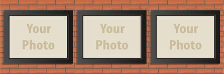 Photo frames, realistic black photo frames on a brick wall. A set of three photo frames. Flat design, vector.のイラスト素材