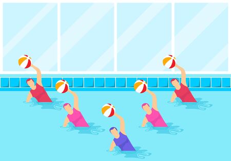 Group of female athletes doing water aerobics with a ball. Group aqua aerobics in swimming pool. Synchronized swimming and water aerobics. Vector illustration.のイラスト素材