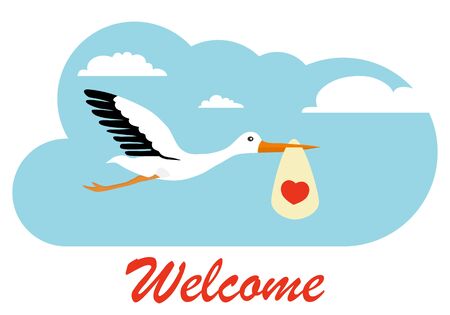 Stork carries a child in the clouds. Stork with a baby. Flat, vector illustration of a stork carrying a child.のイラスト素材