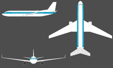 Flying airplane, jet aircraft, airliner. Airlines transportation concept. Top, front, side airplane. Detailed passenger air plane isolated on grey background.のイラスト素材