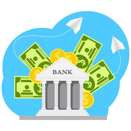 Vector flat illustration, bank building. Set of business web banner for online banking and banking concepts. Bank financing, money exchange, financial services, ATM.のイラスト素材