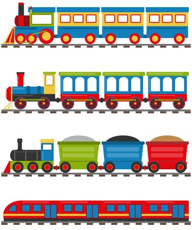 Cartoon train with carriages. A cartoon railway with a locomotive and wagons. Vector illustration of a cartoon train.のイラスト素材