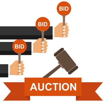 Hand hold paddle with BID. Auction meeting. Hand holding auction paddle. Bidding concept. Vector.のイラスト素材