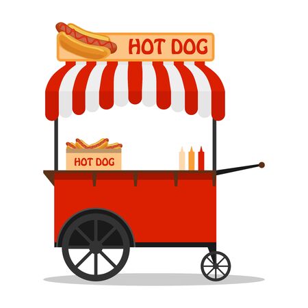 Hot dog, street cart. Fast food hot dog cart and street hot dog cart. Hot dog cart street food market, stand vendor service. Vectorのイラスト素材