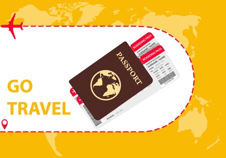 Air travel banner with plane world map and passport. Travel and tourism background. Banner with airplane and vacation tickets. Vector illustration. vectorのイラスト素材