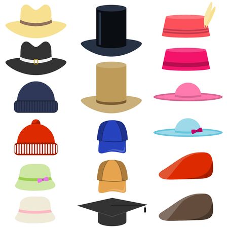 Vector set of man and woman hats. Flat vector set of man and woman hats. Stylish male and female headwear. Hat set isolate on white background. vectorのイラスト素材