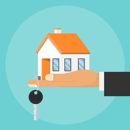 Hand palm holds house and key on finger. Hand holding house and key. Concept for home agent, sale and rent of a house. Vector.のイラスト素材