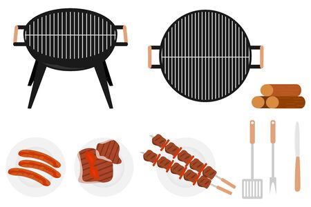 Barbecue grill. Barbecue grill set. A plate with grilled meat skewers and grilled sausages. Vector barbecue illustration. Vectorのイラスト素材