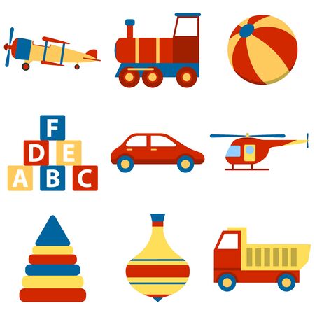 Toy icon collection, vector color illustration. Set colorful children toys cartoon. Toys for child to play. vectorのイラスト素材