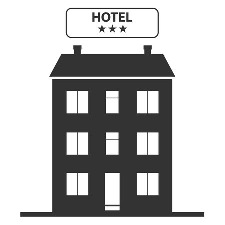 Hotel, hotel icon on the background of the urban landscape. Vector illustration of a hotel. Vectorのイラスト素材