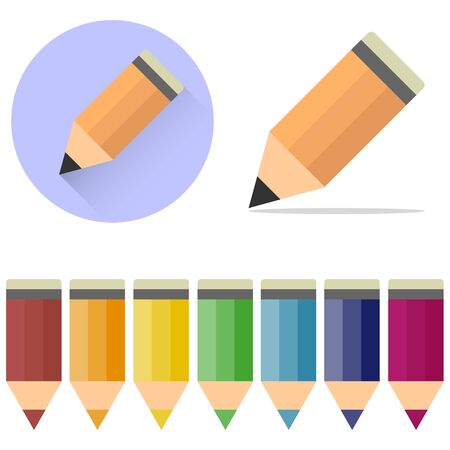 Pencils, a set of cartoon, colored pencils. A pencil icon with a shadow. Flat design, vector.