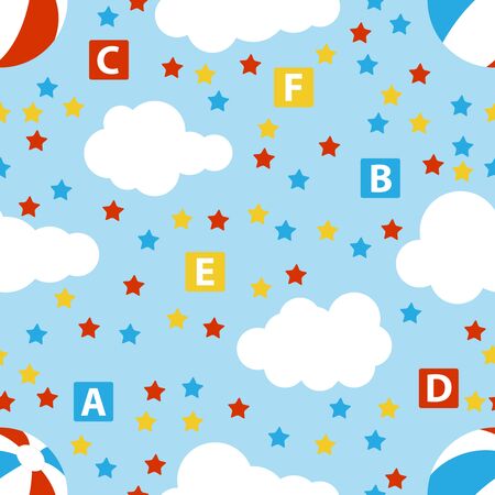 Cute baby seamless pattern with stars, cubes, beach ball, clouds, rainbow. Seamless watercolor clouds and stars pattern. Vector illustration for kids design. colored. Vectorのイラスト素材