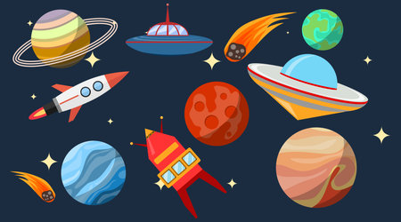 Space, space with planets, stars and spaceships. Space background. Vector.のイラスト素材