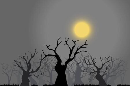 Old trees with branches without leaves. Forest of old trees on a night background with a full moon.のイラスト素材