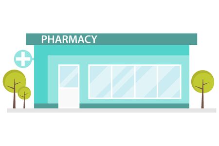 Pharmacy building in a flat design. Interior and pharmacy building. Pharmacy room with a pharmacist. Vector illustration, vector.のイラスト素材