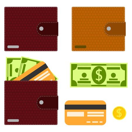 Wallet, men's purse. Wallet with money and a credit card. Banknote, gold coin, credit card and wallet. Vector illustration. Vectorのイラスト素材
