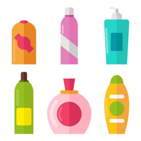 A set of shampoos, deodorants, perfumes and liquid soap. Bathroom accessories. Vector.のイラスト素材