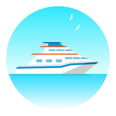 Yacht, pleasure white yacht against the sea and sky with seagulls. Vector.のイラスト素材