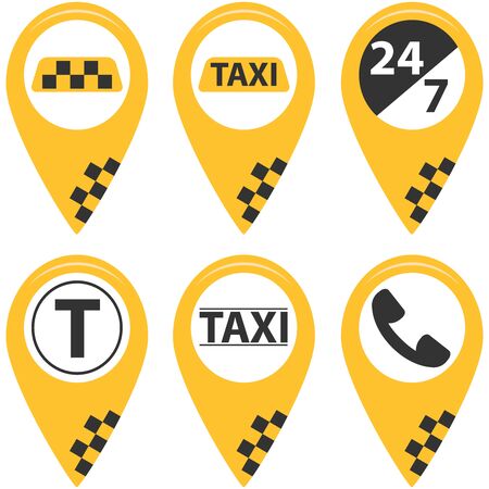 Taxi service vector icons. Taxi signs. Checkered taxi, car, passenger, transportation, trip. Vectorのイラスト素材
