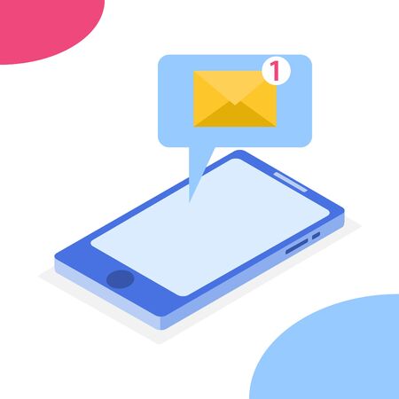 Isometric smartphone, incoming message on smartphone. Vector illustration of a smartphone with a letter isolated on white background. Vector.のイラスト素材