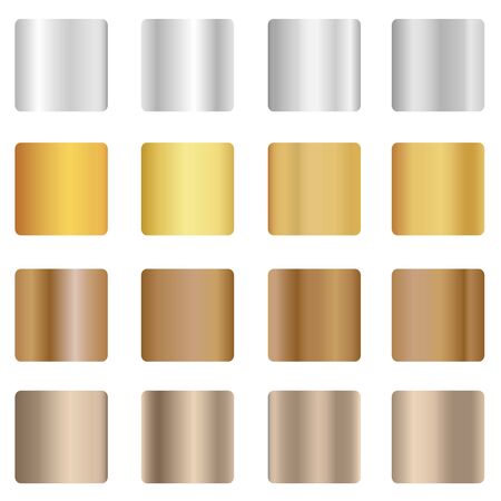 Metal sheets texture realistic big icons set with various surface finish in gold and silver isolated. Set of different metallic gradients. Collection of multicolored backgrounds. Vector illustration. Vectorのイラスト素材