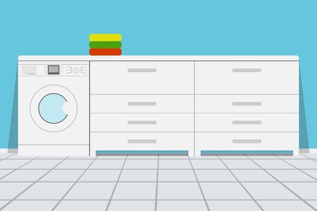 Modern bathroom with shiny white cabinets and washing machine. An empty laundry room with cabinet, sink, washer and drier. Vectorのイラスト素材