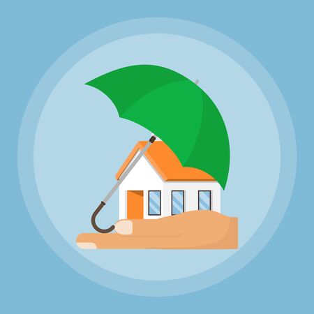 An insurance agent protects the home from the environment. Umbrella protects the house. House in the palm with an umbrella. Vector.のイラスト素材