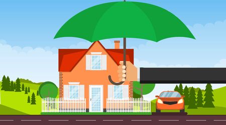 The house is protected. A hand with an umbrella protects a house with a car from the environment. Vector illustration, vectorのイラスト素材