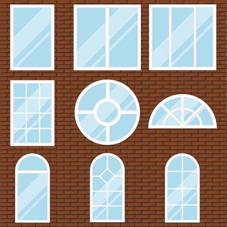 Windows, a set of white windows on a brick wall background. Flat design, vector.のイラスト素材