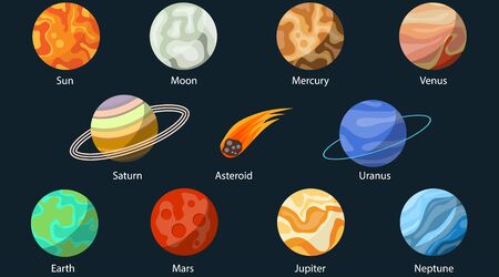 Planet of the solar system. Sun, Moon, Mercury, Mars, Earth, Uranus, Neptune, Pluto, Venus Saturn Jupiter flying asteroid Vector illustration of space Vectorのイラスト素材