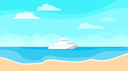 Seascape. Sea, sand, blue sky and a yacht. Vector, cartoon illustration of a sea view. Vectorのイラスト素材