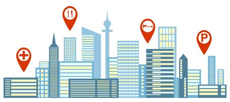 Marks on the city skyline. Location locations on the map. Vector, cartoon illustration. Vector.のイラスト素材