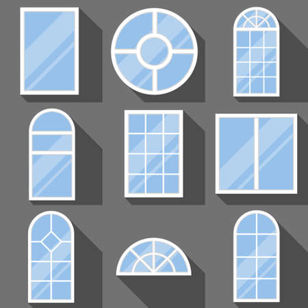 Windows, a set of realistic white windows isolated on a dark background with shadows. Vector, cartoon illustration. Vector.のイラスト素材