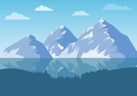 Mountain landscape with a lake and trees. Mountains, lake, trees. Vector, cartoon illustration Vectorのイラスト素材