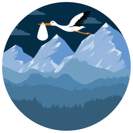 A stork carries a baby in its beak against the backdrop of a mountain landscape. Stork with a baby in its beak. Vector, cartoon illustration. Vector.のイラスト素材