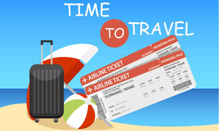 Time to travel, banner with tourist suitcase and accessories. Time to travel banner. Vector, cartoon illustration. Vector.のイラスト素材