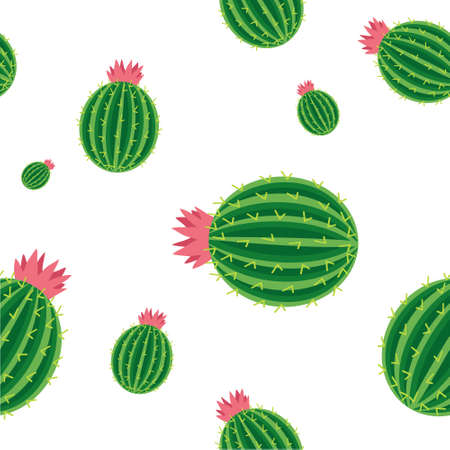 Cacti, background seamless image of blooming cacti with thorns. Vector, cartoon illustration. Vector.のイラスト素材
