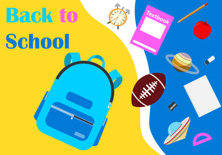 Back to school. Back to school banner with backpack, book, notebook, alarm clock and apple. Vector, cartoon illustration. Vector.のイラスト素材