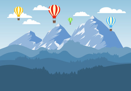 Balloons are flying against the background of a mountain landscape. Vector, cartoon illustration. Vector.のイラスト素材