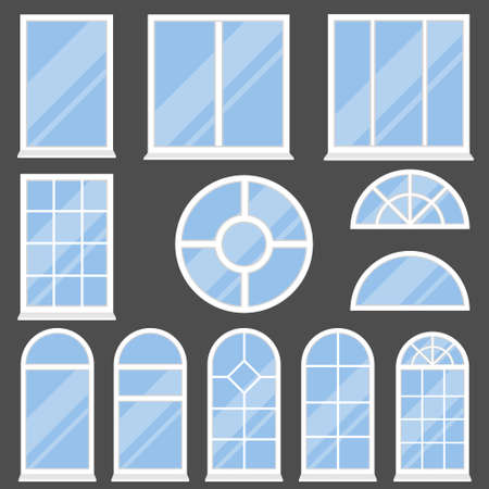 Windows, modern and vintage windows on a dark background. Vector, cartoon illustration. Vector.のイラスト素材
