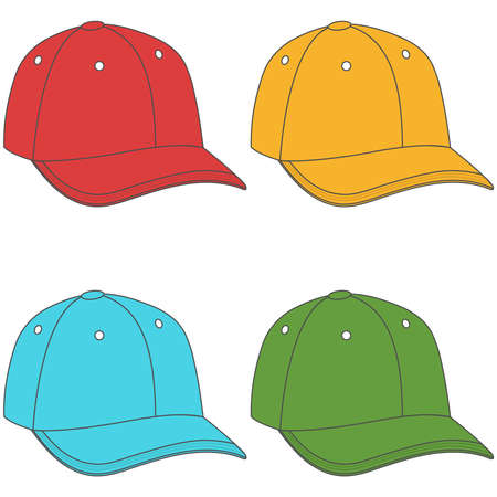 Baseball cap, set of multi-colored baseball caps isolated on white background. Vector, cartoon illustration. Vector.のイラスト素材