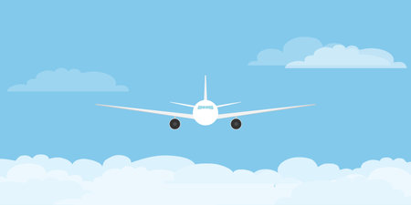 Airplane flying above clouds, airplane icon on blue sky background. Vector, cartoon illustration. Vector.のイラスト素材