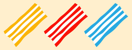 Yellow, red and blue summer beach mats. Vacation and travel concept. Striped beach towels collection...