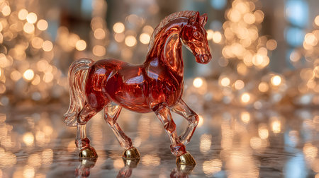 Transparent red crystal horse with golden hooves standing on a reflective surface, surrounded by glowing festive lights and warm holiday ambiance.の素材