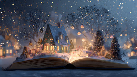 Open book transforming into a magical Christmas landscape with glowing houses, trees, and softly falling snow.の素材